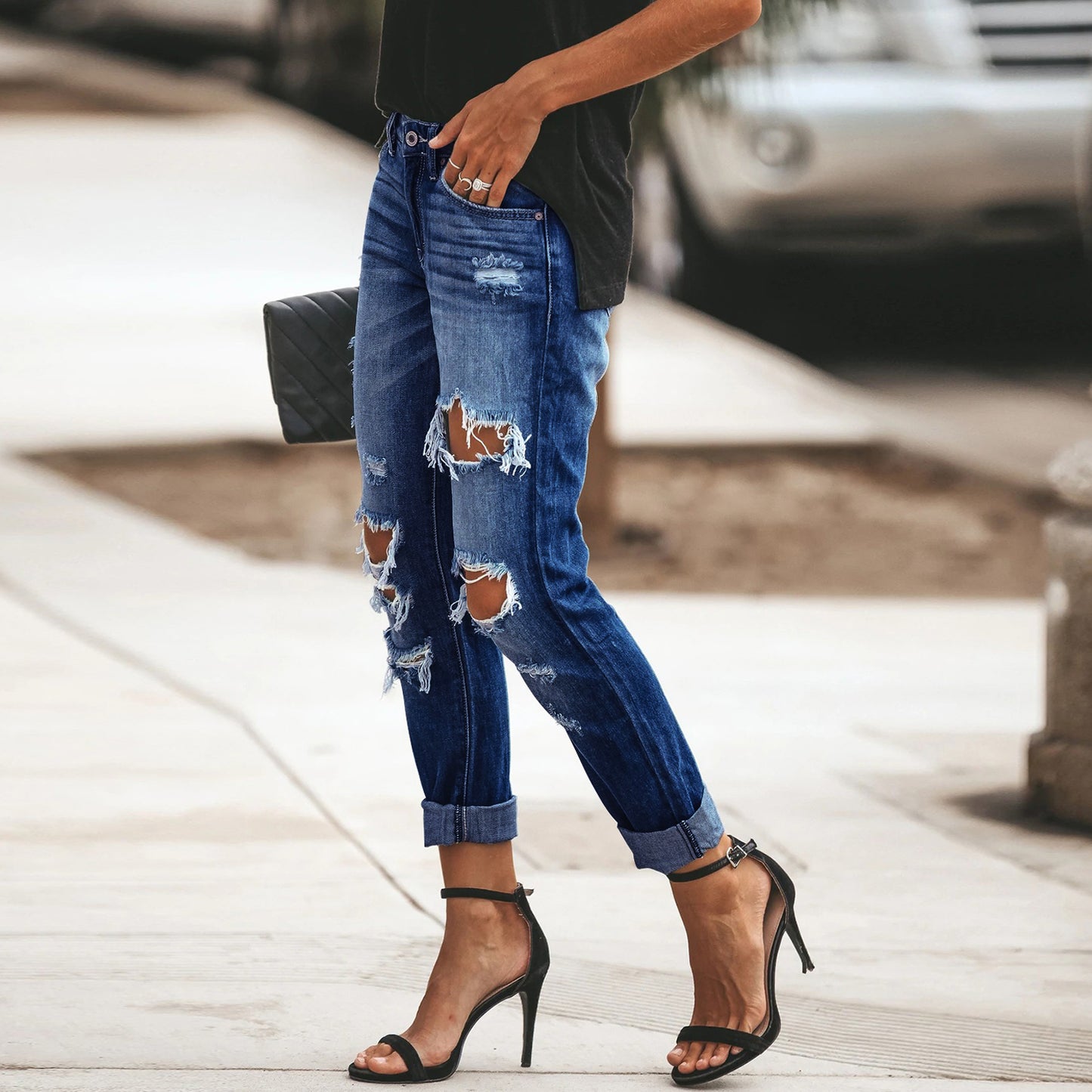 Women's Mid Waisted Ripped Boyfriend Distressed Loose Fit Denim Jeans