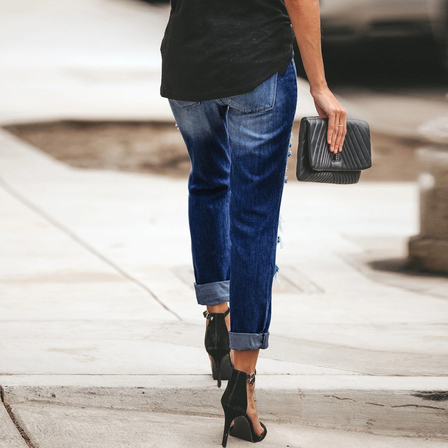 Women's Mid Waisted Ripped Boyfriend Distressed Loose Fit Denim Jeans