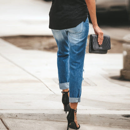 Women's Mid Waisted Ripped Boyfriend Distressed Loose Fit Denim Jeans