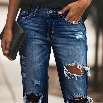 Women's Mid Waisted Ripped Boyfriend Distressed Loose Fit Denim Jeans