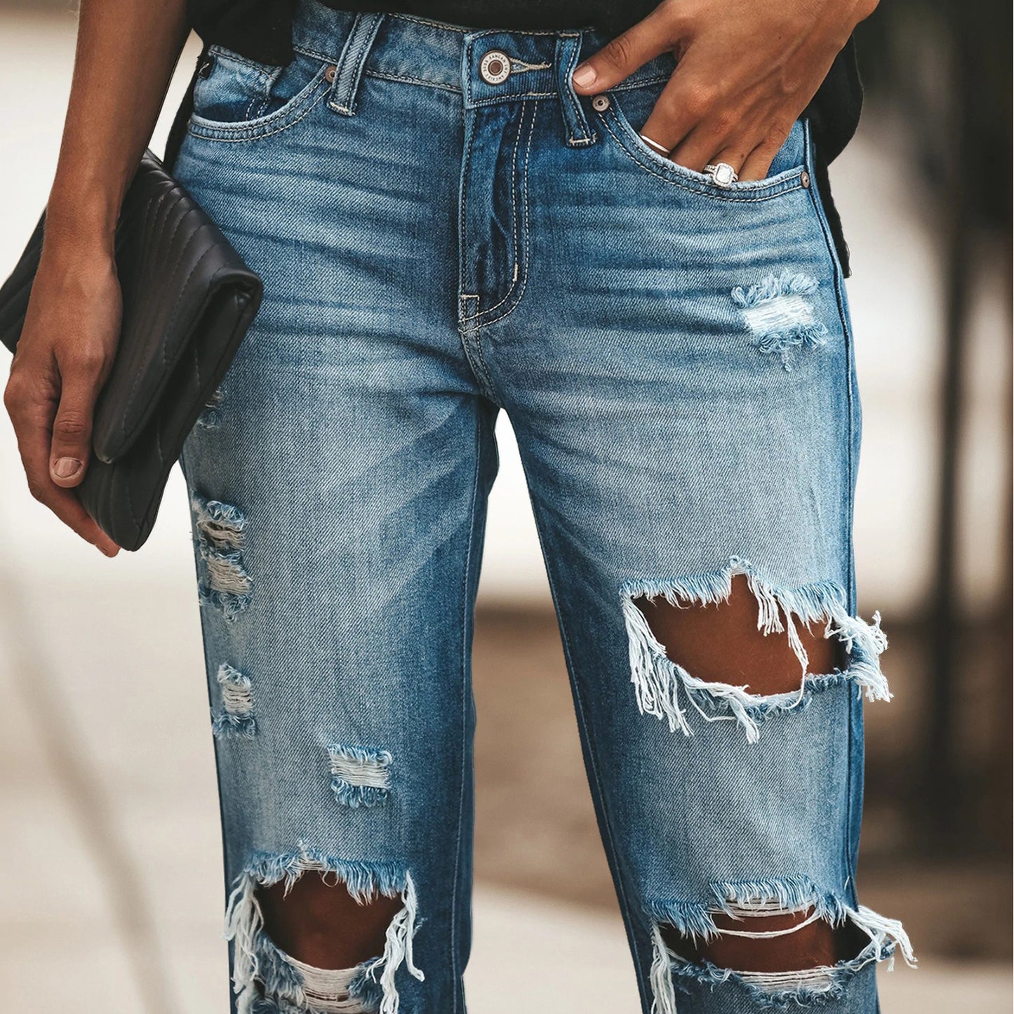 Women's Mid Waisted Ripped Boyfriend Distressed Loose Fit Denim Jeans