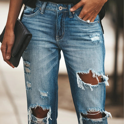 Women's Mid Waisted Ripped Boyfriend Distressed Loose Fit Denim Jeans