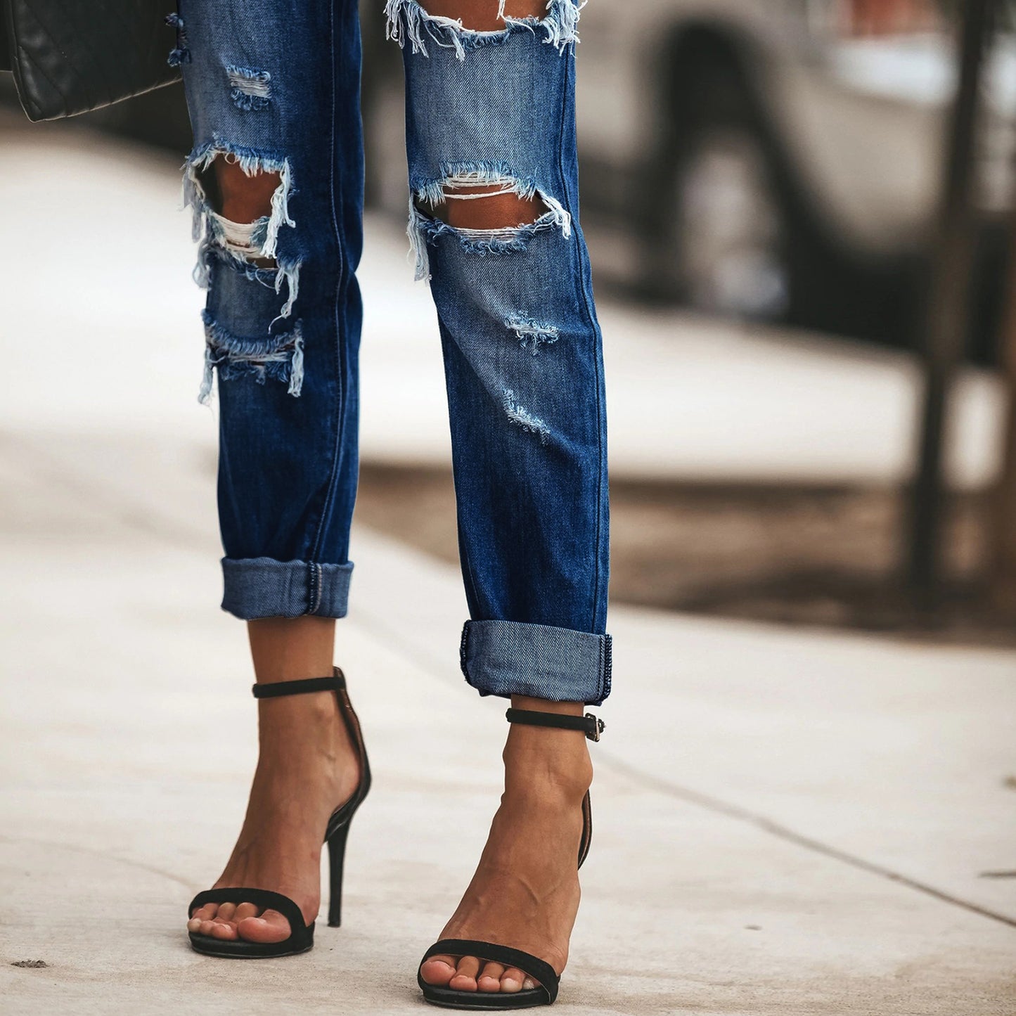 Women's Mid Waisted Ripped Boyfriend Distressed Loose Fit Denim Jeans