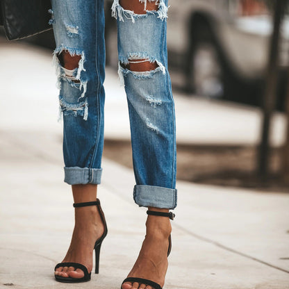 Women's Mid Waisted Ripped Boyfriend Distressed Loose Fit Denim Jeans